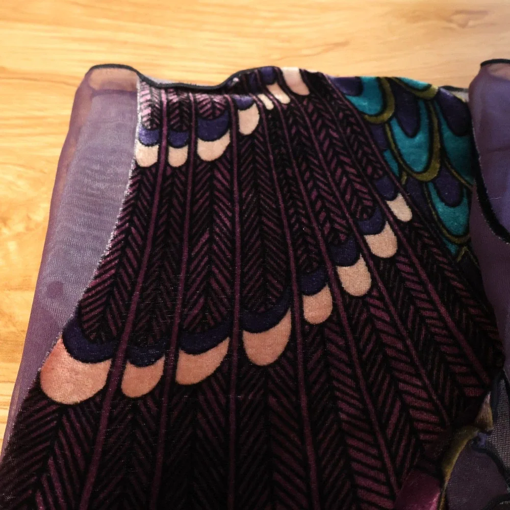 Peacock Velvet Burnoout Scarf Wrap Womens Art Nouveau Artsy Boho Jewel Tone
